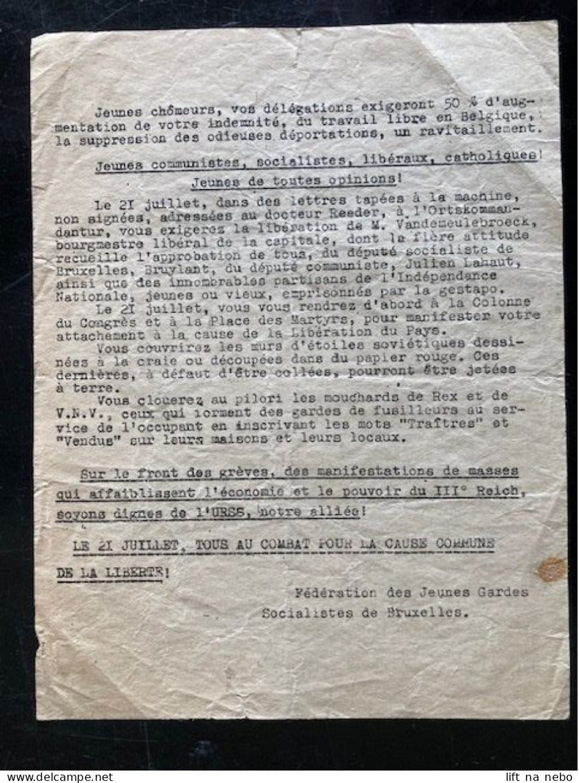 Tract Presse Clandestine Résistance Belge WWII WW2 'Jeunes Bruxellois!' Printed On Both Sides Of The Sheet - Documenti