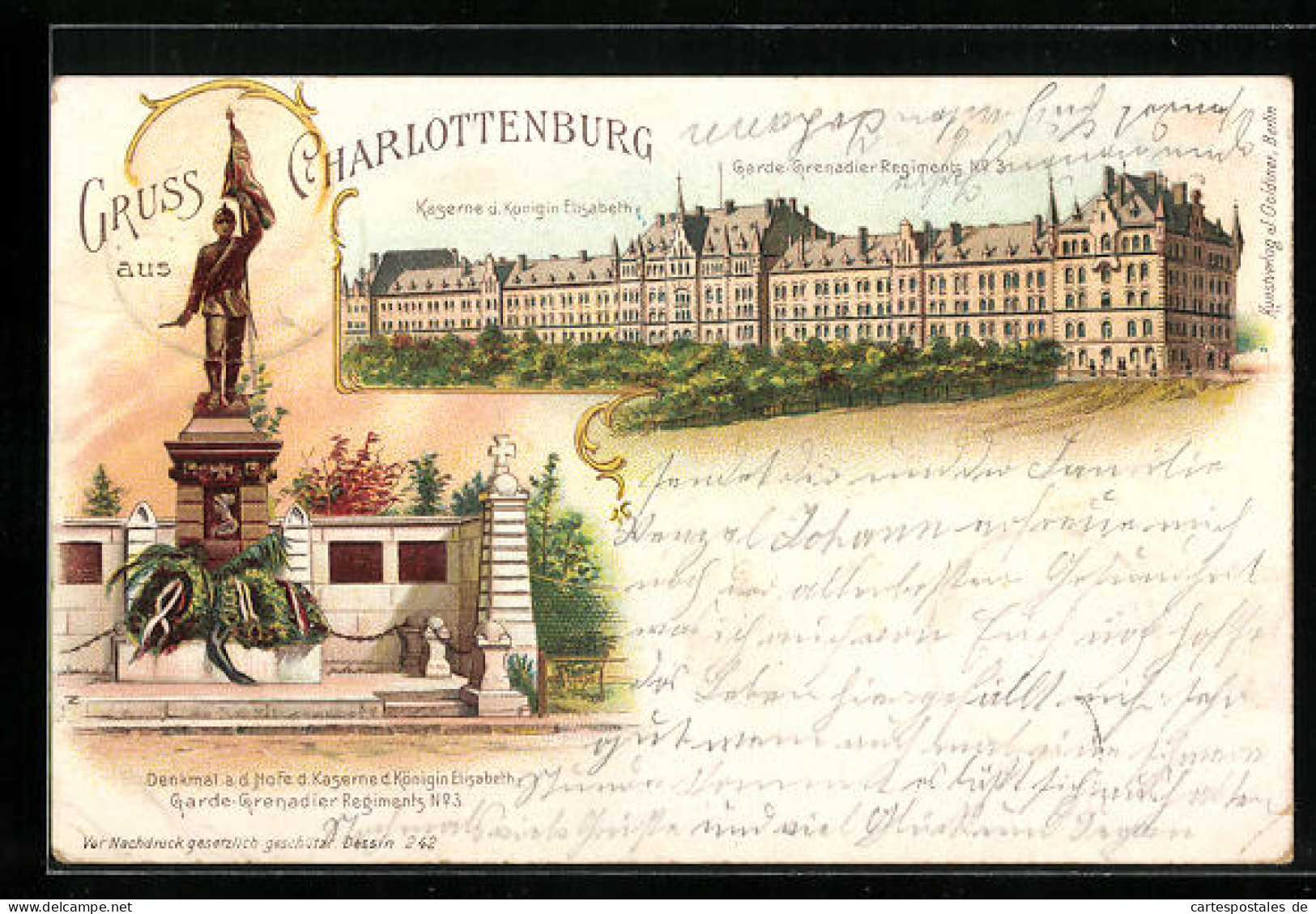 Lithographie Berlin-Charlottenburg, Kaserne V. Königin Elisabeth, Garde-Grenadier Regimets No 3  - Charlottenburg