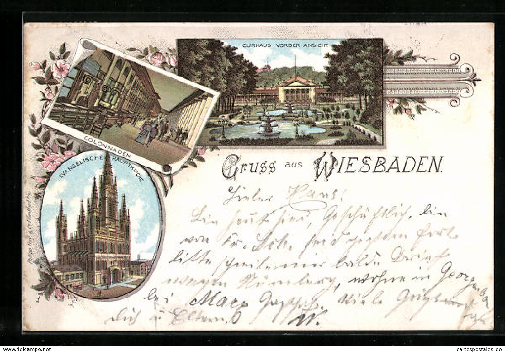 Lithographie Wiesbaden, Curhaus, Colonnaden, Evangelische Hauptkirche  - Wiesbaden