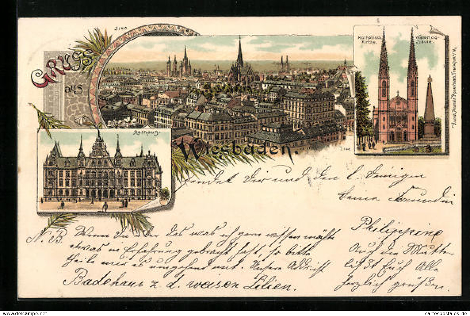 Lithographie Wiesbaden, Ortsansicht, Rathaus, Katholische Kirche Und Waterloo-Säule  - Wiesbaden