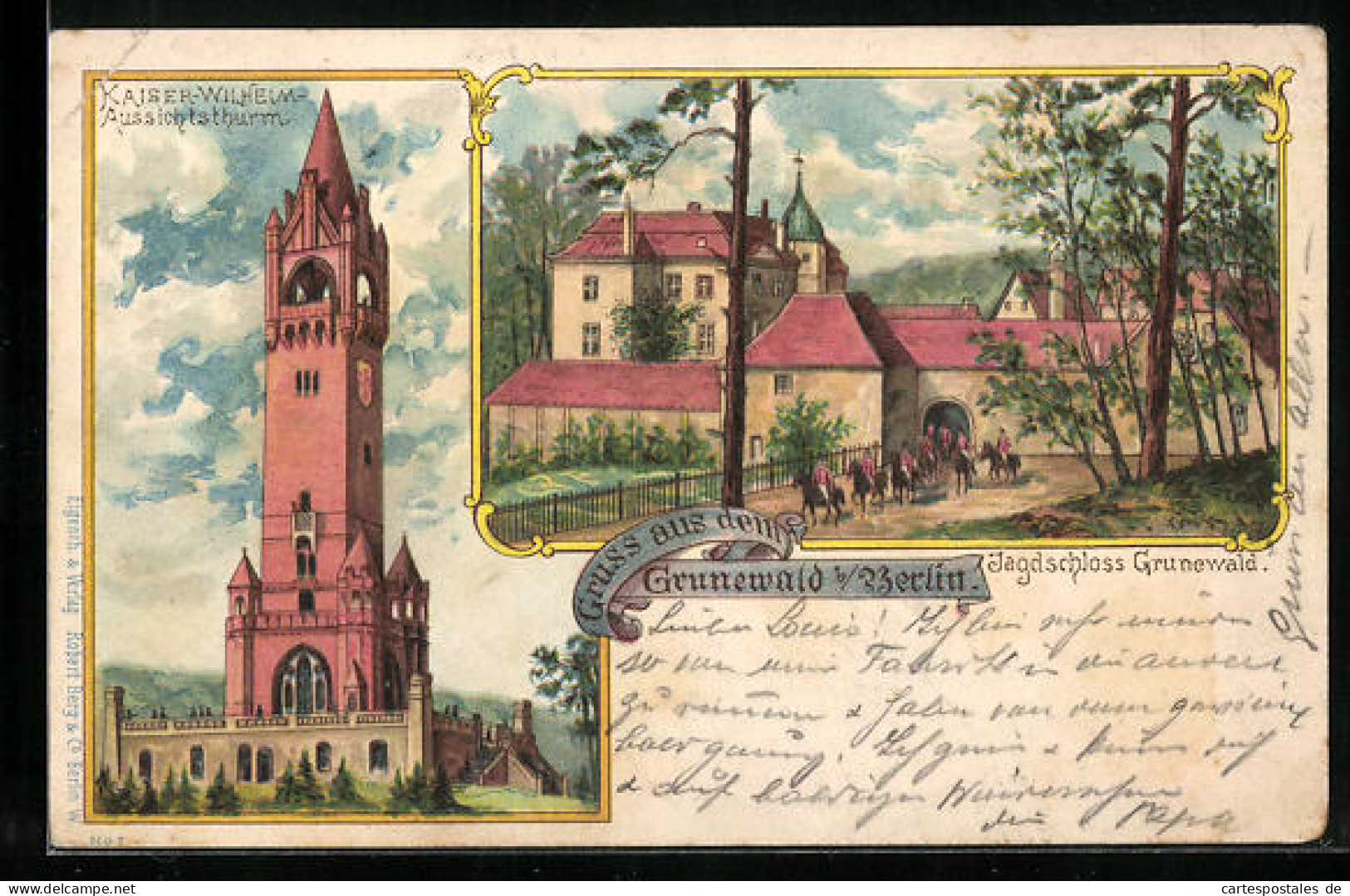 Lithographie Berlin, Jagdschloss Grunewald, Kaiser-Wilhelm-Aussichtsthurm  - Chasse