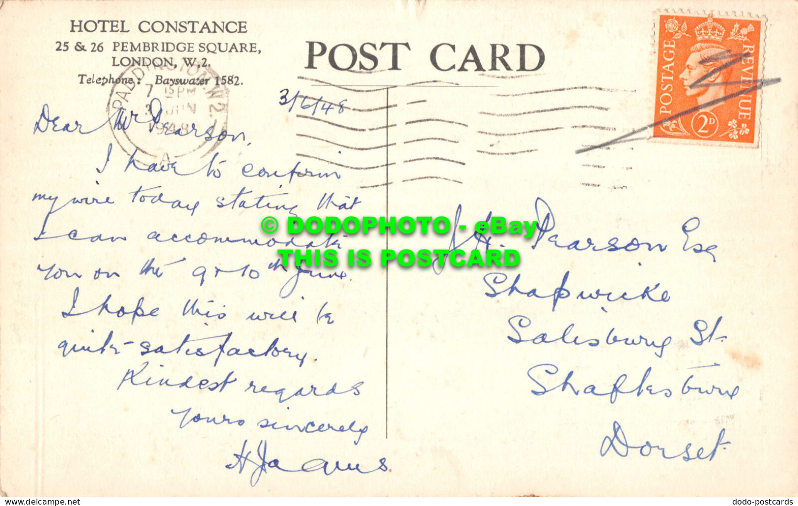 R545604 Hotel Constance. 25 And 26 Pembridge Square. London. 1948 - Other & Unclassified