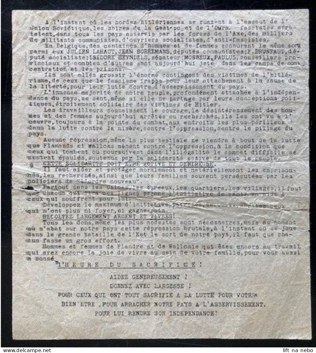 Tract Presse Clandestine Résistance Belge WWII WW2 'A L'instant Où Les Hordes Hitlériennes...' (appel à La Solidarité) - Documenti