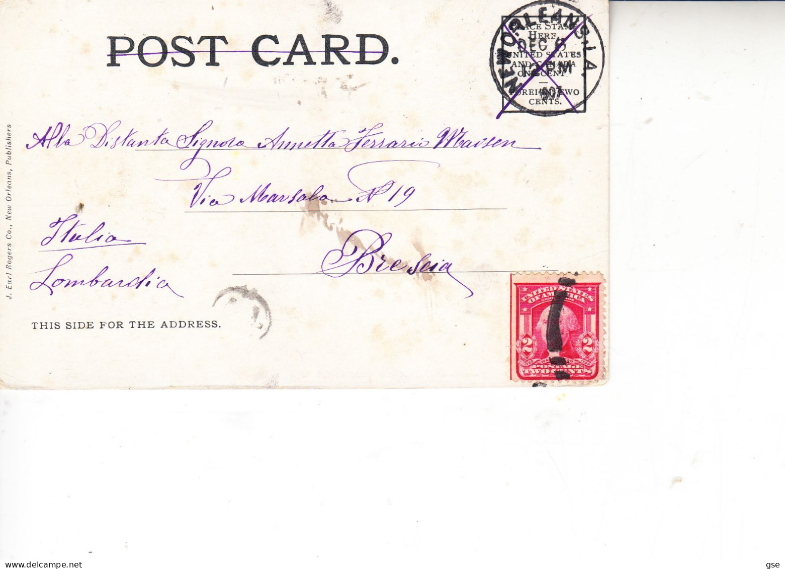 STATI UNITI  1907 - Card Earl Rogers Co. New Orleans, Publishers - Autres & Non Classés