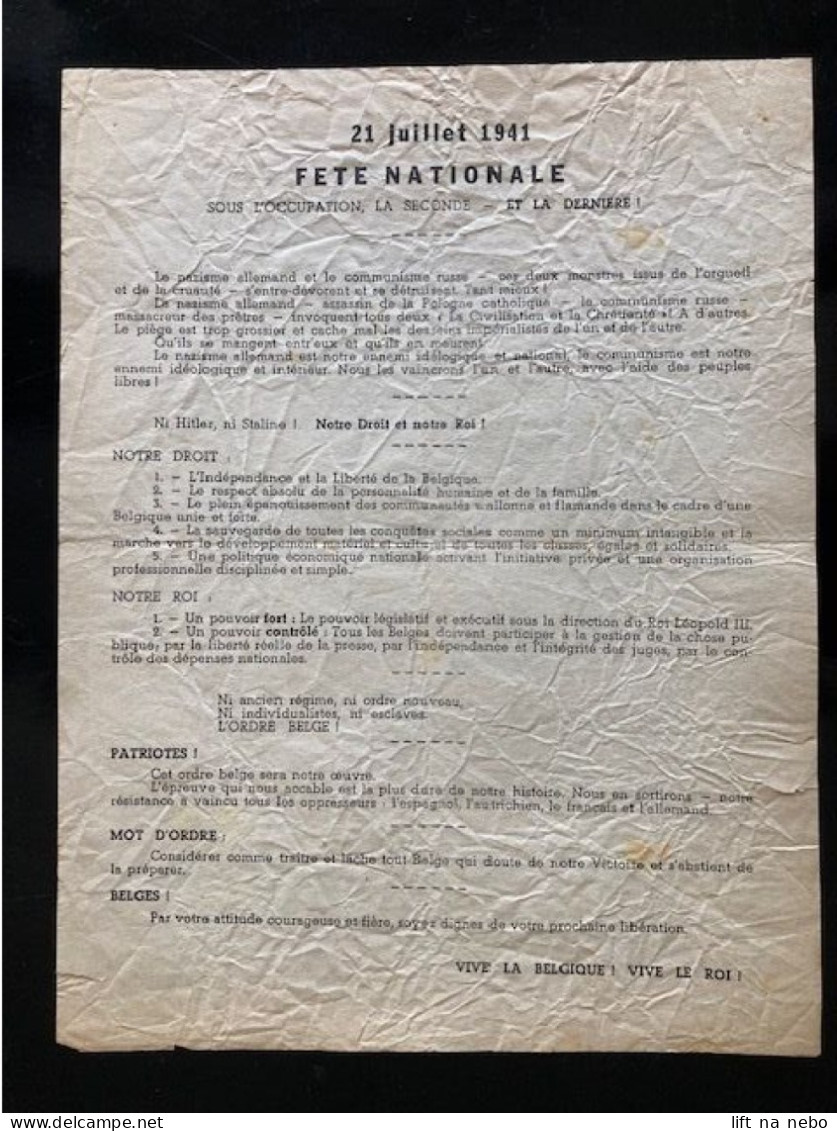 Tract Presse Clandestine Résistance Belge WWII WW2 '21 Juillet 1941 FETE NATIONALE' Printed On Both Sides Of The Sheet - Documentos