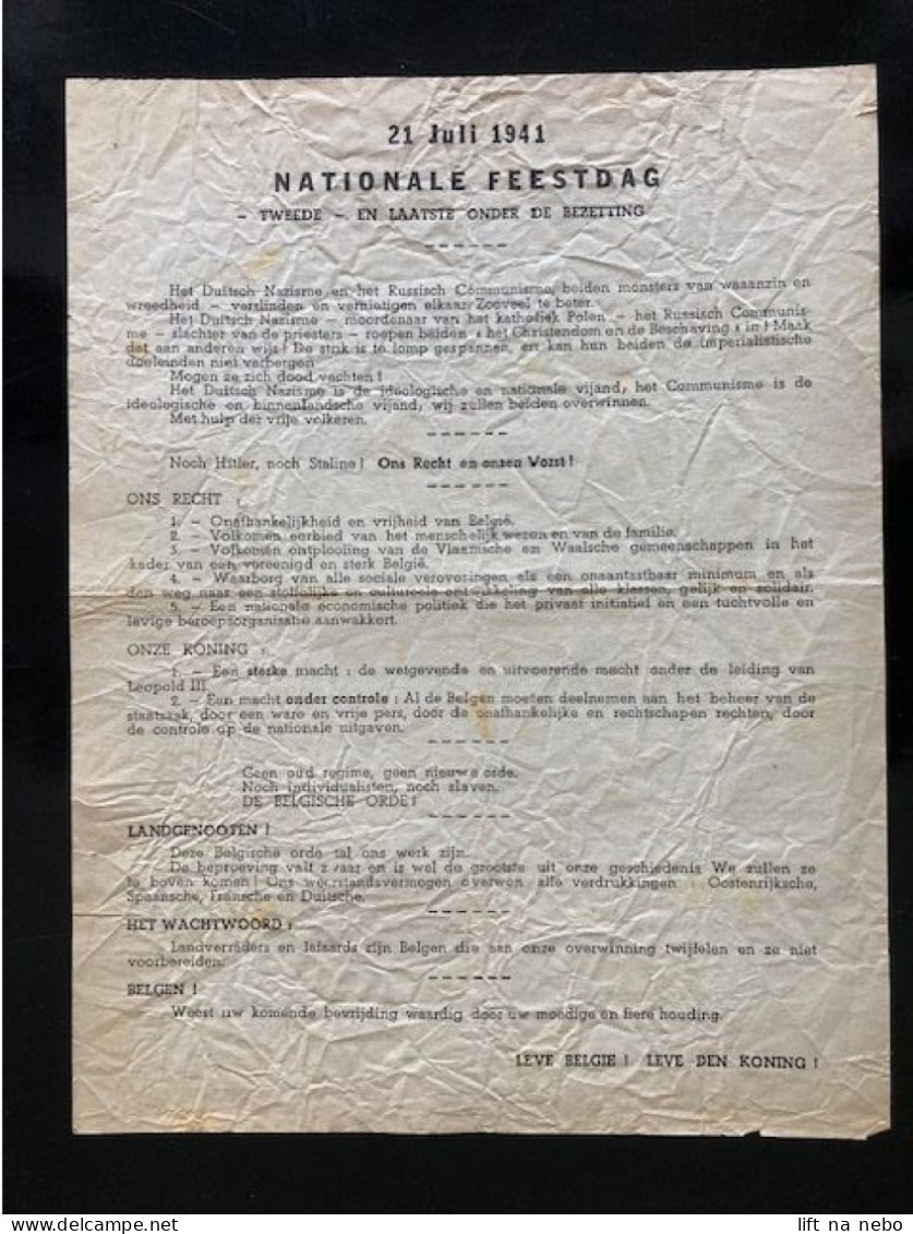 Tract Presse Clandestine Résistance Belge WWII WW2 '21 Juillet 1941 FETE NATIONALE' Printed On Both Sides Of The Sheet - Dokumente