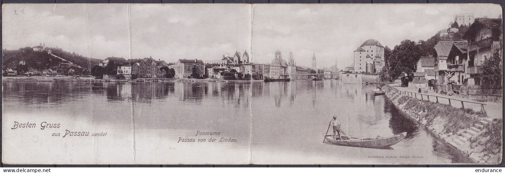 Carte Panoramique Double "Besten Gruss Aus Passau" Affr. 10pf Càd PASSAU /14 APR 1902 Pour BRUXELLES Belgique (pli Verti - Covers & Documents