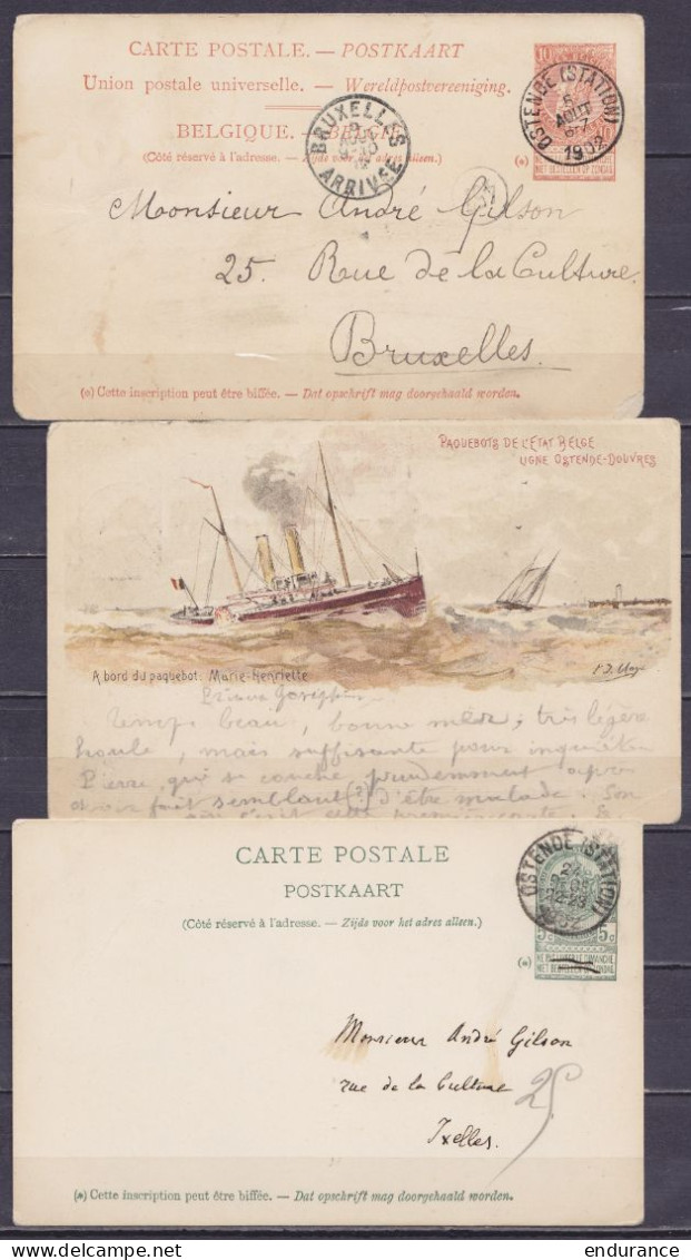 Lot De 3 EP CP "Paquebots De L'Etat Belge - Ligne Ostende-Douvres" 5c Vert-gris & 10c Brun-rouge Càd OSTENDE (STATION)/1 - Cartoline 1871-1909