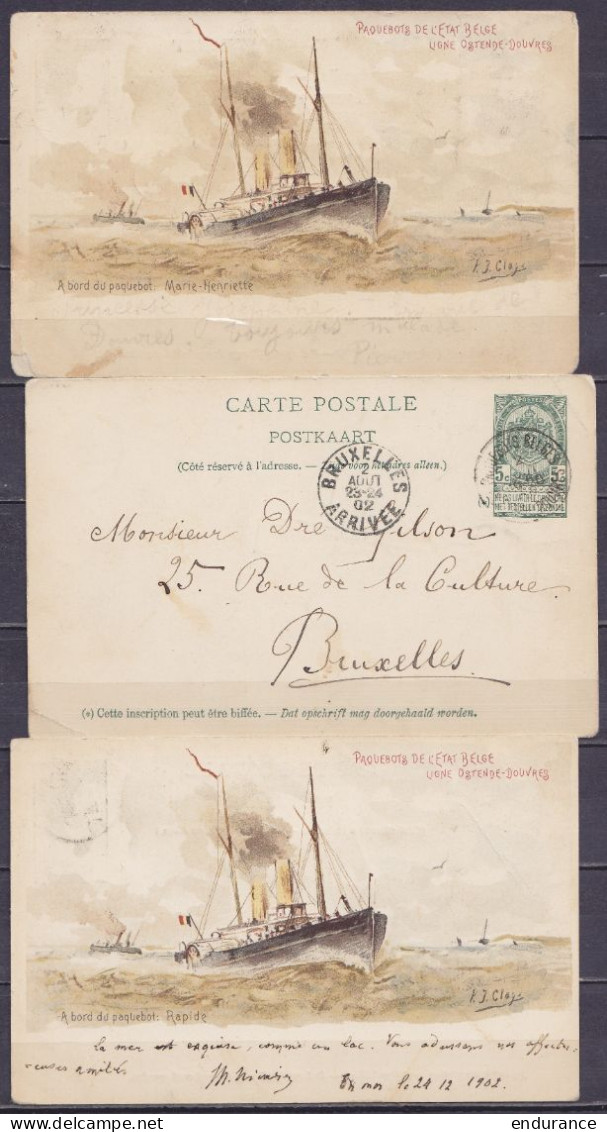 Lot De 3 EP CP "Paquebots De L'Etat Belge - Ligne Ostende-Douvres" 5c Vert-gris & 10c Brun-rouge Càd OSTENDE (STATION)/1 - Tarjetas 1871-1909