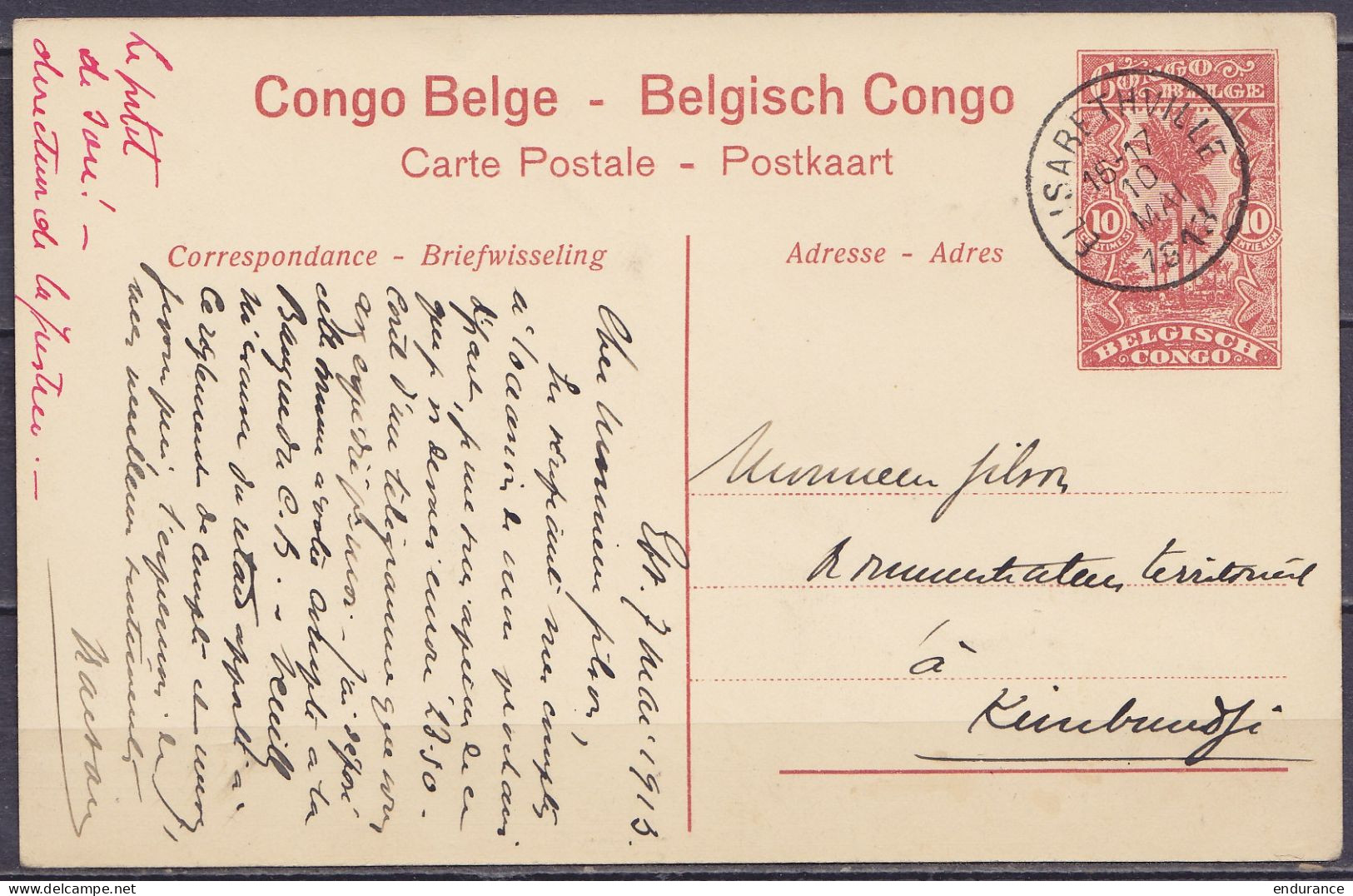 Congo Belge - EP "Stanleyville Habitations De Planteurs" CP 10c Rouge-brun Càd ELISABETHVILLE /10 MAI 1913 Pour Administ - Enteros Postales