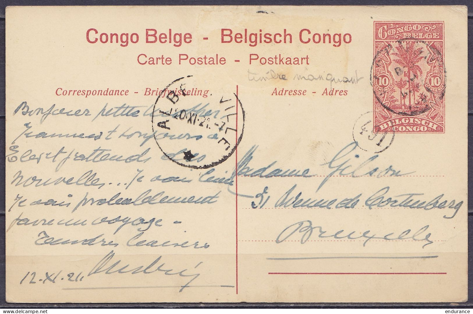 Congo Belge - EP "Léopoldville Les Bassins" CP 10c Rouge-brun (timbre Manquant) Càd KAMBOVE /12 NOVE 1921 Pour BRUXELLES - Entiers Postaux