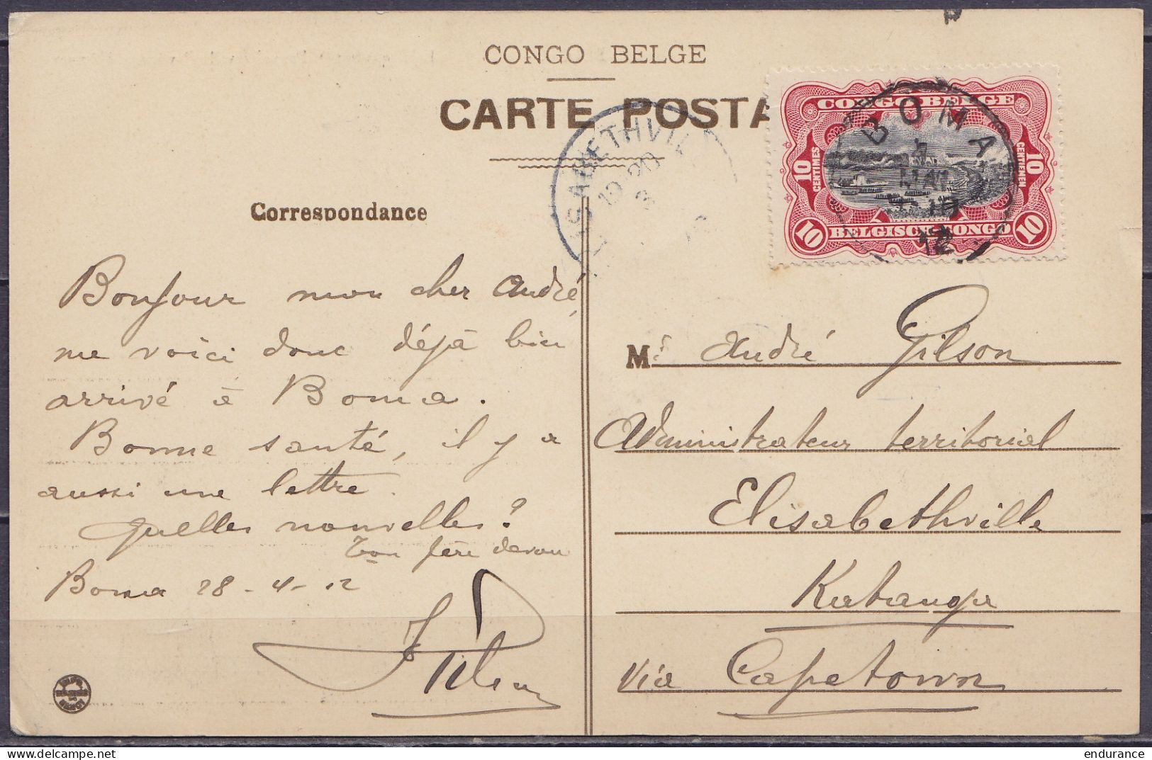 Congo Belge - CP "Paquebot Bruxellesville Venant D'Anvers" Affr. N°55 Càd BOMA /1 MAI 1912 Pour ELISABETHVILLE KATANGA V - Cartas & Documentos