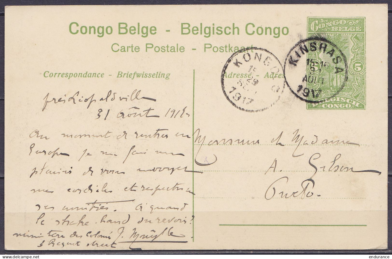 Congo Belge - EP "Dragonnier Près De Mopolenge" CP 5c Vert Càd KINSHASA /31 AOUT 1917 Pour PWETO - Càd Arrivée KONGOLO - Stamped Stationery