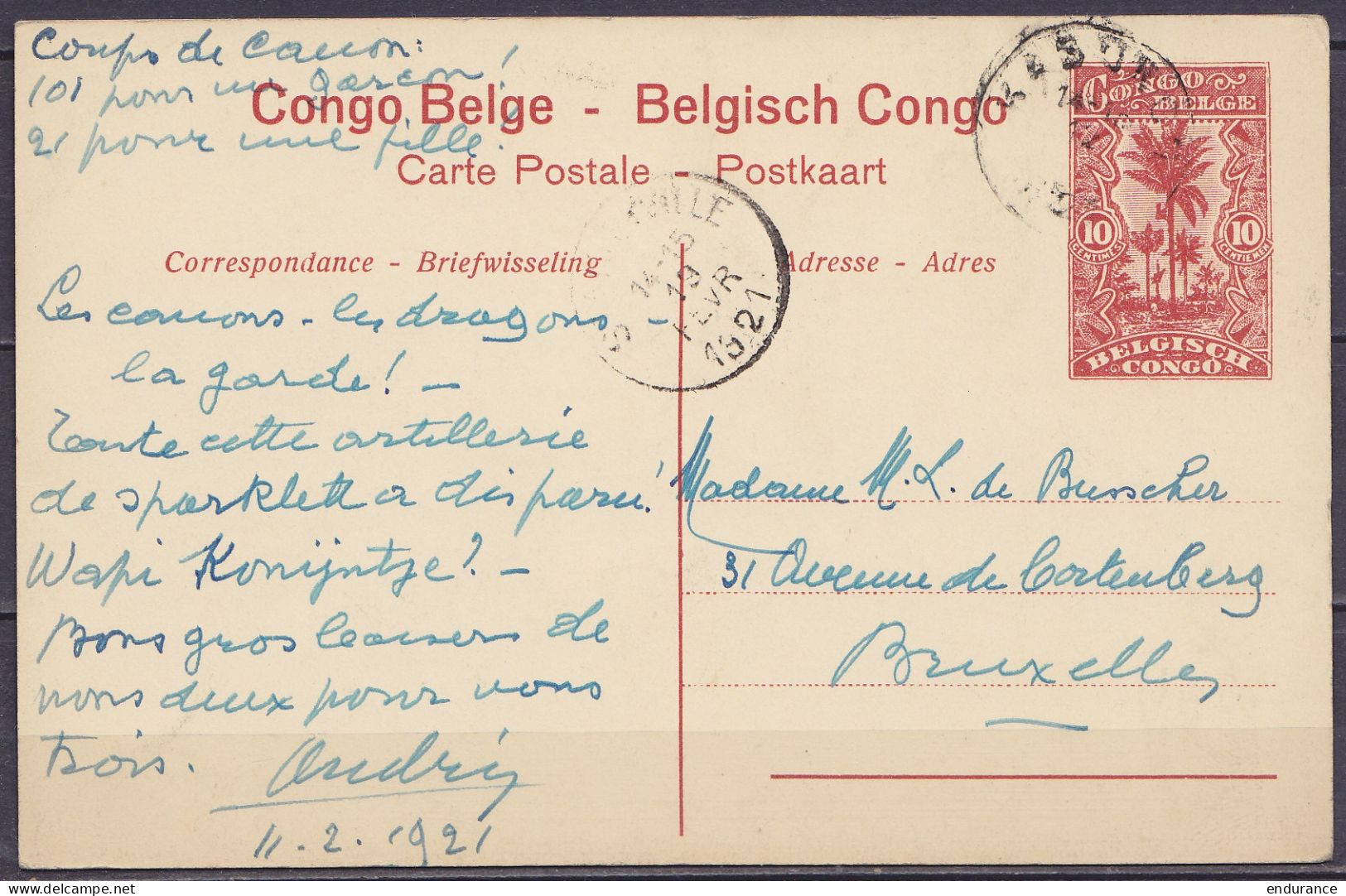 Congo Belge - EP "Kasongo Artillerie" CP 10c Rouge-brun Càd KASONGO /12-2-1921 Pour BRUXELLES - Càd Passage STANLEYVILLE - Enteros Postales