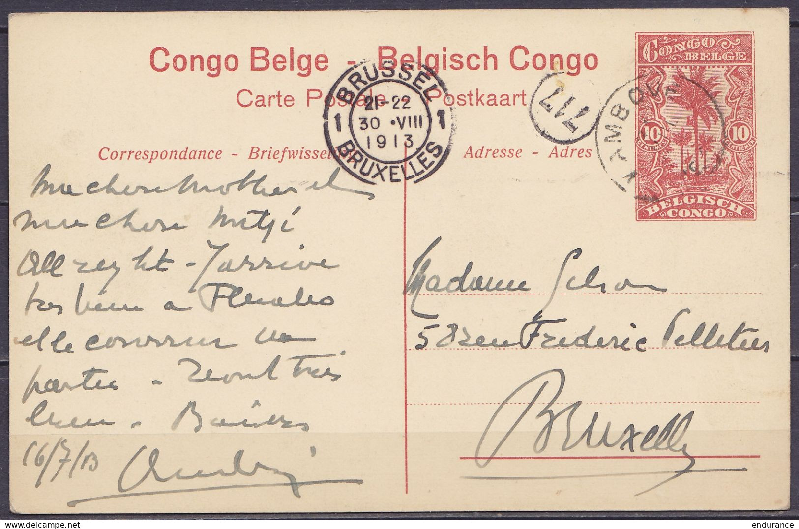 Congo Belge - EP "Matadi Rue Principale" CP 10c Rouge-brun Càd KAMBOVE /31 JUIL 1913 Pour BRUXELLES - Càd Arrivée BRUSSE - Stamped Stationery