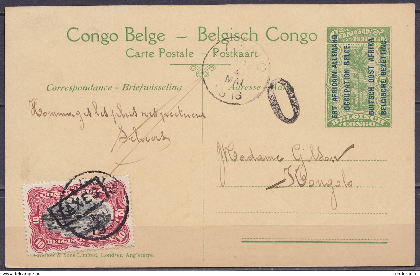 Est-Africain Allemand Occupation Belge "Entrée D'un Village Watuzi" - EP CP 5c Vert Càd KABALO /4 MAI 1918 Taxée 10c à S - Ganzsachen