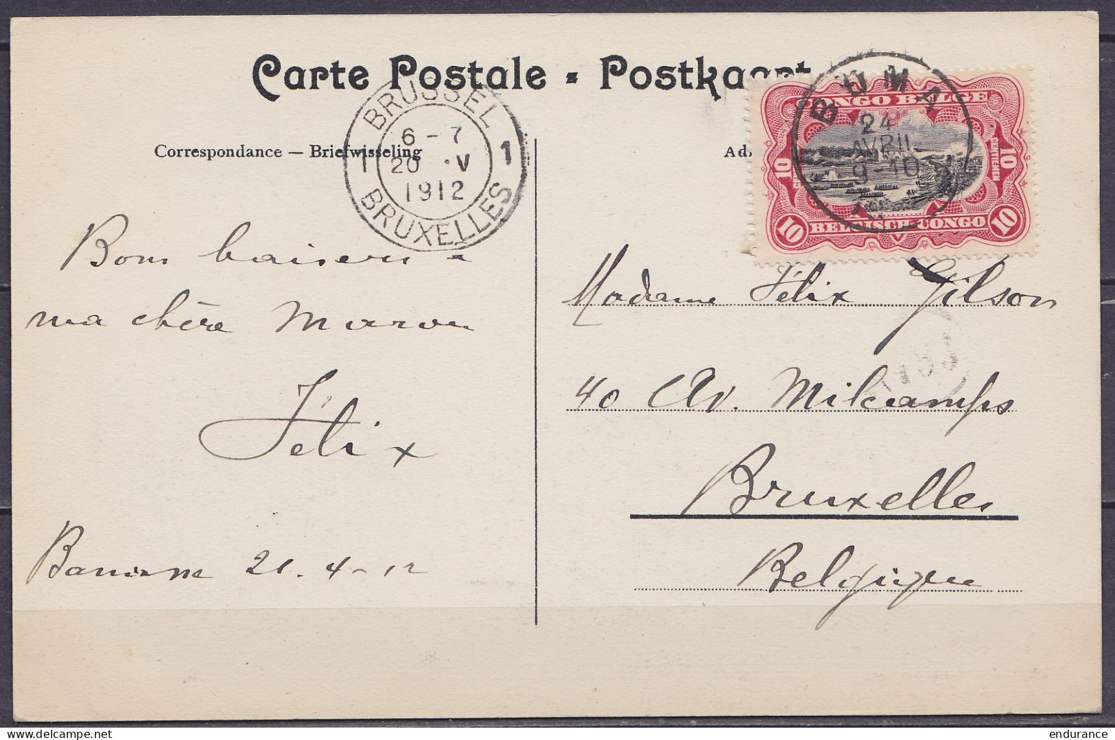Congo Belge - CP "S.S. Bruxellesville Compagnie Belge Maritime Du Congo" De Banana Affr. N°55 Càd BOMA /24 AVRIL 1912 Po - Lettres & Documents