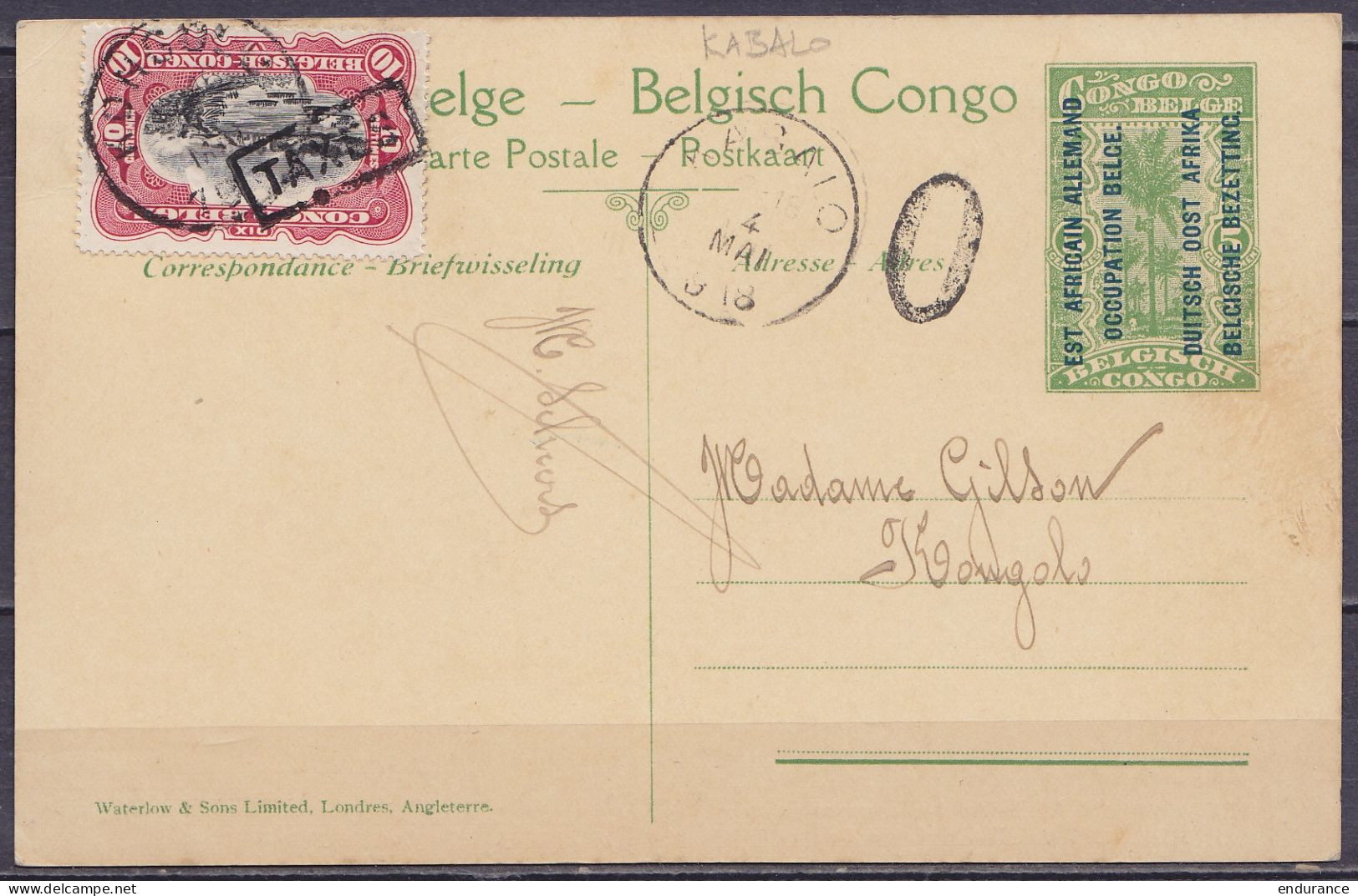 Est-Africain Allemand Occupation Belge "Vers Biaramulo, Traversée De La Ruwuwu" - EP CP 5c Vert Càd KABALO /4 MAI 1918 T - Interi Postali