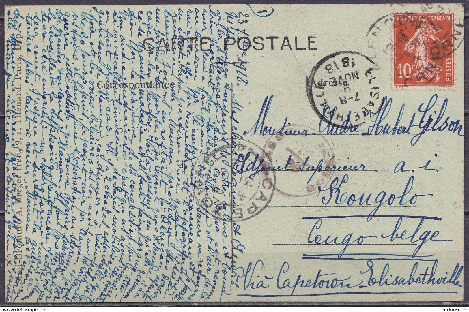 CP Affr. 10 Càd ALENCON /23-9-1917 Pour Adjoint Supérieur André Gilson à KONGOLO Congo Belge - Cachet Censure UK - Càd C - Storia Postale