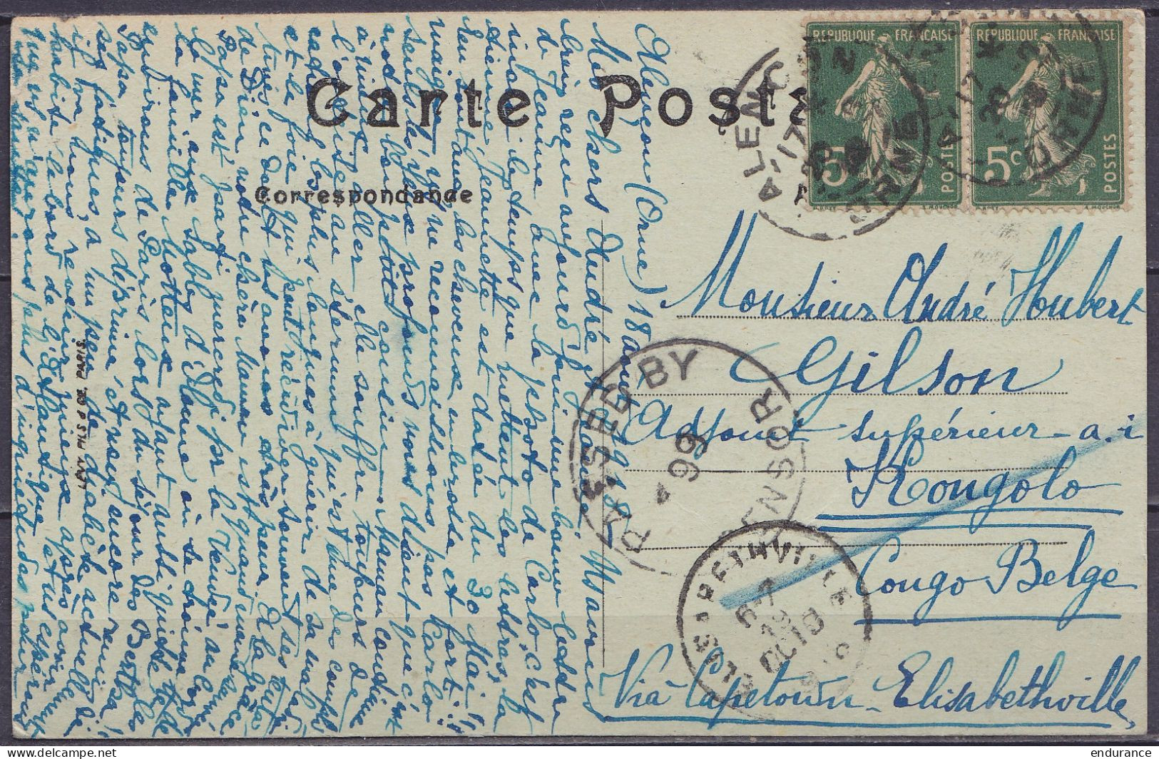 CP Affr. 10 Càd ALENCON /20-8-1918 Pour Adjoint Supérieur André Gilson à KONGOLO Congo Belge - Cachet Censure UK & Càd A - Cartas & Documentos