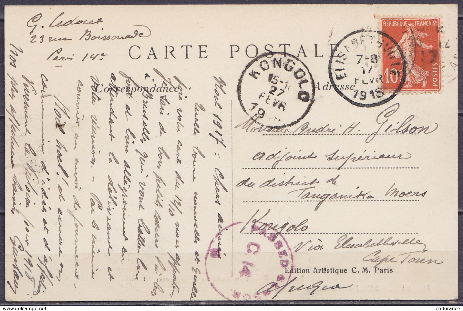 CP Affr. 10c Càd PARIS /25-12-1917 Pour Adjoint Sup. District Tanganika à KONGOLO Lac Moero Katanga Congo Belge - Cachet - Storia Postale