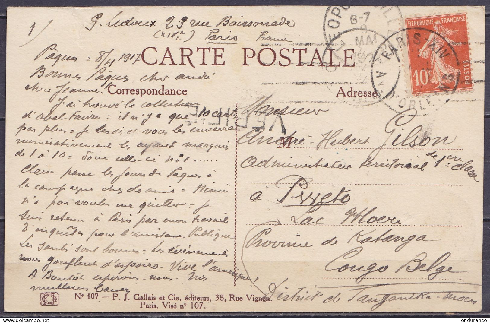 CP Illustr. Forain Affr. 10c Flam. PARIS /8 AVRIL 1917 Pour Administrateur Territorial à PWETO Lac Moero Katanga Congo B - Storia Postale