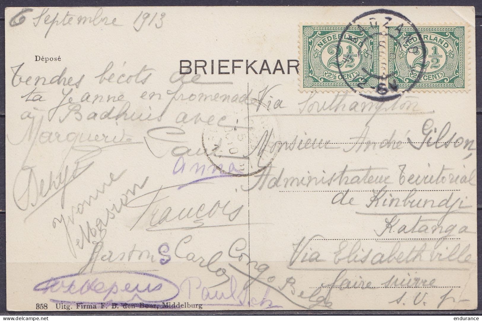 Pays-Bas - CP Colorisée Affr. 2x 2½c Càd KADZAND /8 SEP 1913 Pour Administrateur Territorial à KIMBUNDJI Katanga Via Eli - Cartas & Documentos