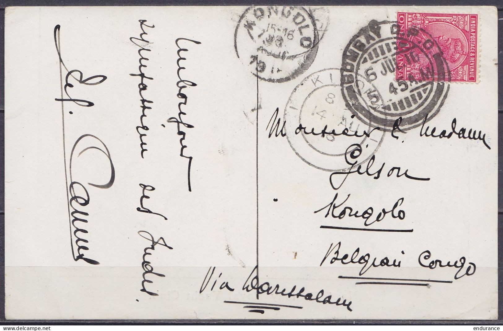 Inde - CP Bombay Royal Yacht Club Affr. 1A Càd BOMBAY /6 JUL 1918 Pour KONGOLO Congo Belge Via Daressalaam - Càd UK Pass - Lettres & Documents
