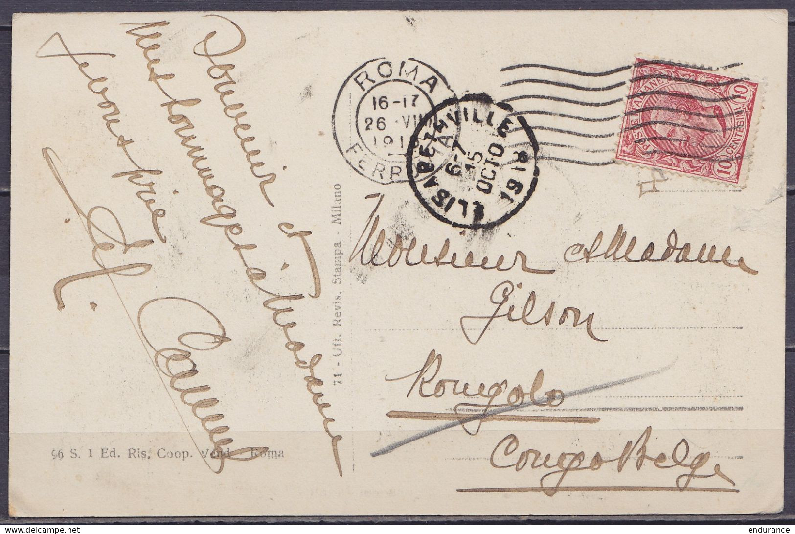 CP Rome Affr. 10c Flam. ROMA /26 VIII 1918 Pour KONGOLO Congo Belge - Càd Arrivée ELISABETHVILLE - Lettres & Documents