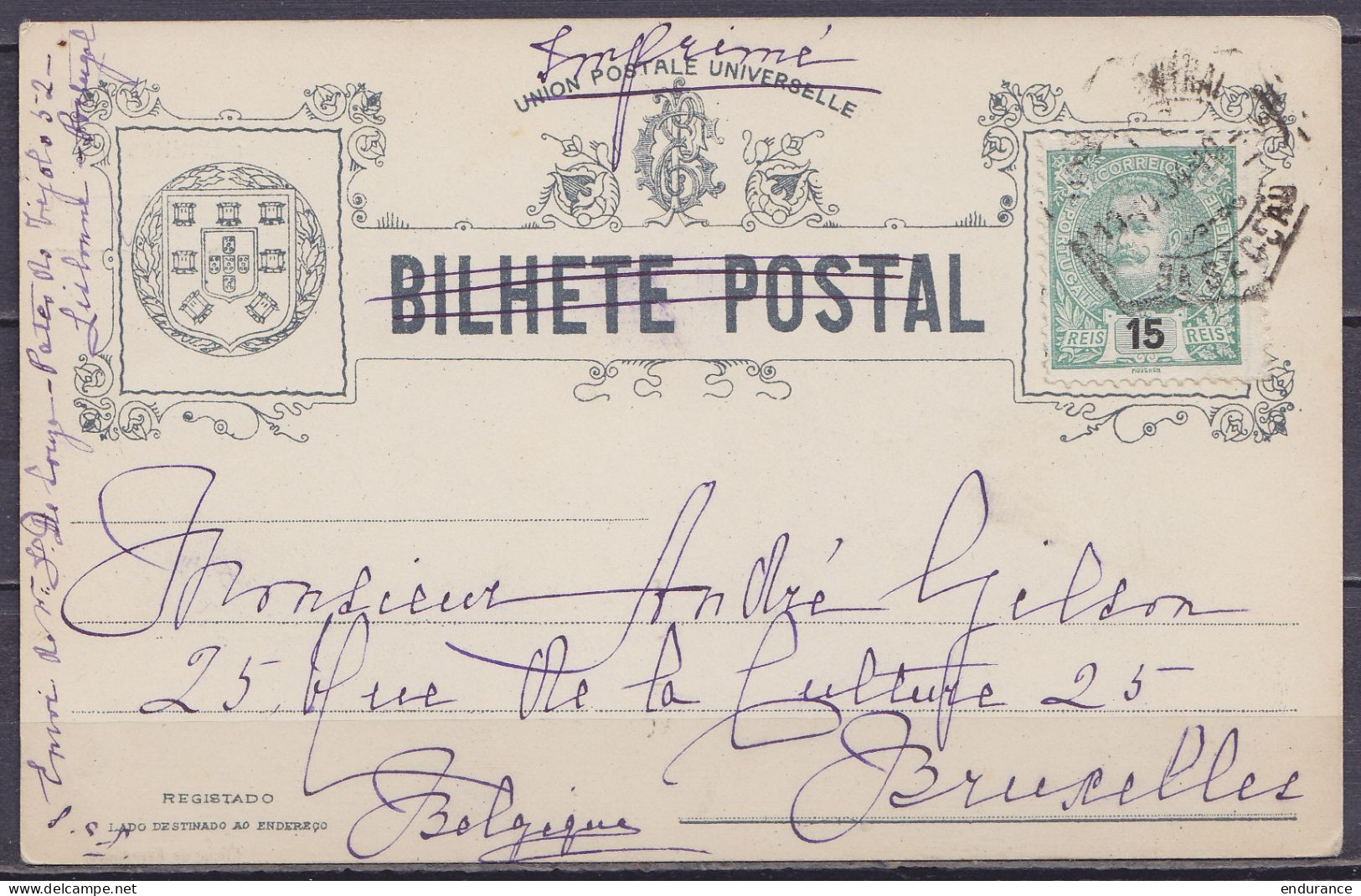 CP Paquebot "Portugal" Affr. 15r Càd Hexagon. LISBOA / 1903 Pour BRUXELLES - Briefe U. Dokumente