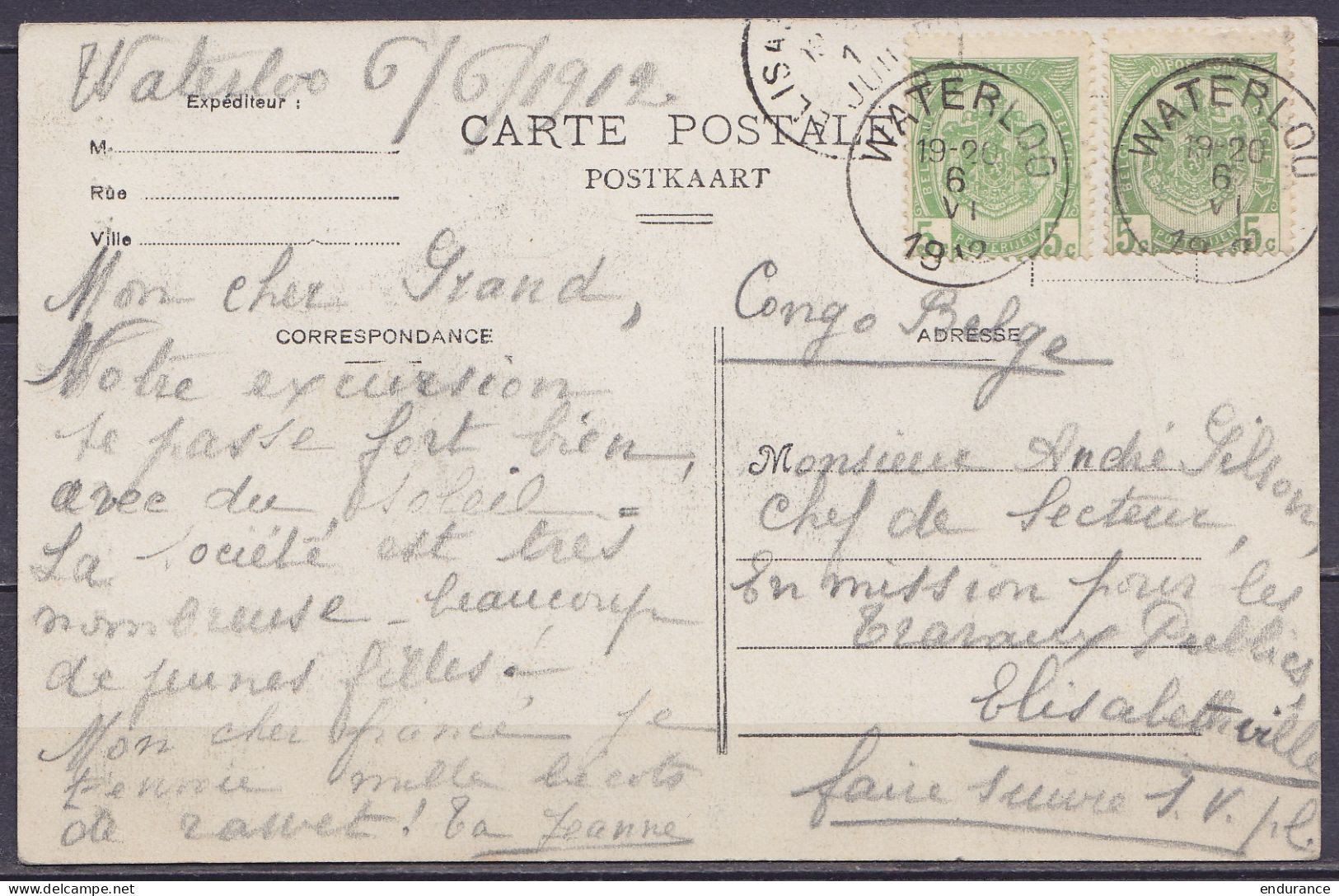 CP Duc De Wellington Affr. 2x N°83 Càd WATERLOO /6 VI 1912 Pour ELISABETHVILLE Congo Belge - Càd Partiel Arrivée ELISABE - Storia Postale