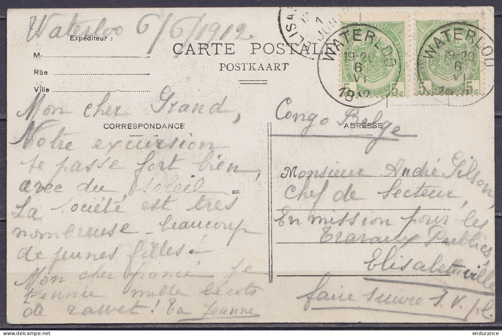 CP Duc De Wellington Affr. 2x N°83 Càd WATERLOO /6 VI 1912 Pour ELISABETHVILLE Congo Belge - Càd Partiel Arrivée ELISABE - Cartas & Documentos