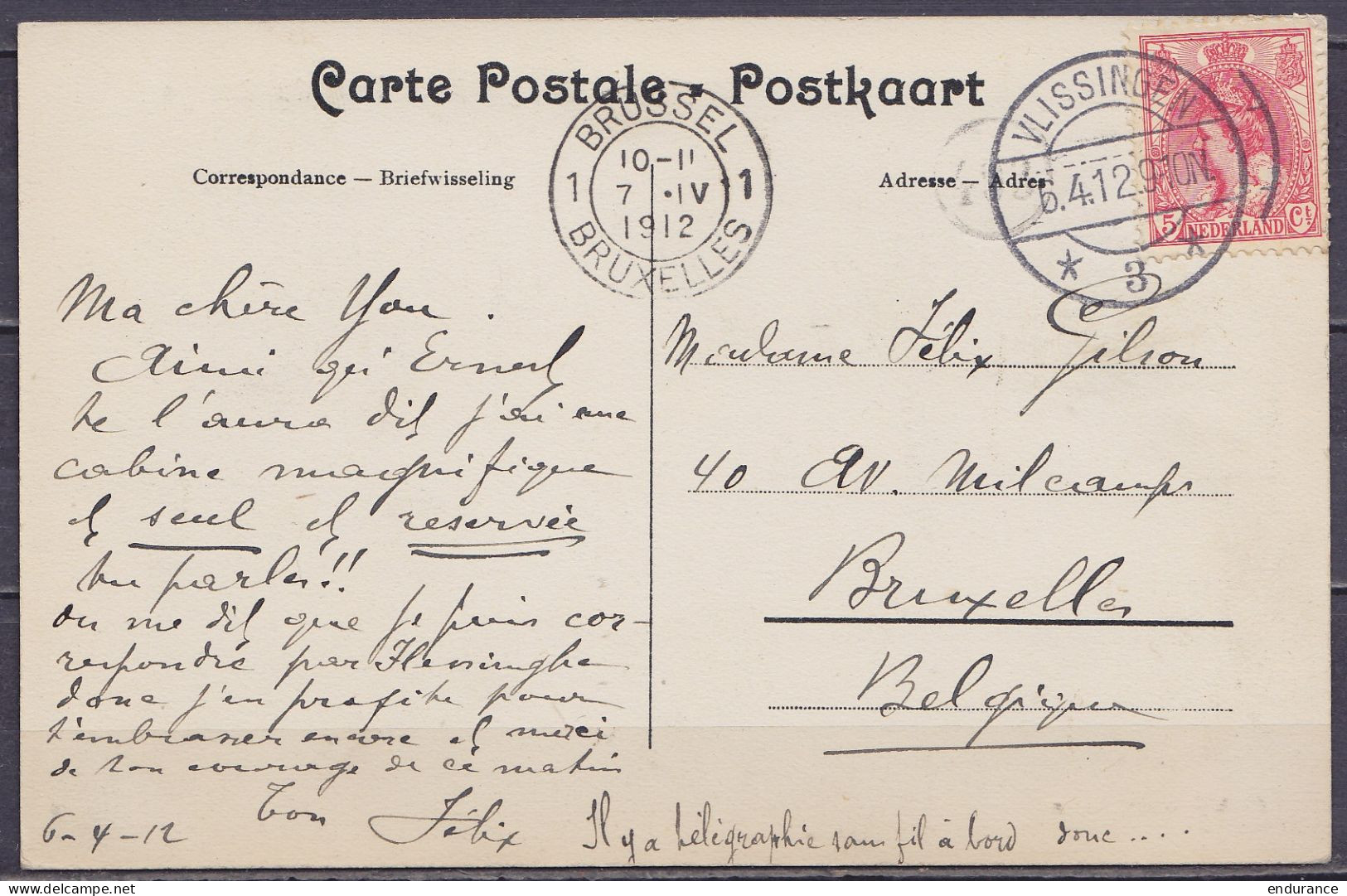 Pays-Bas - CP "S.S. Bruxellesville Compagnie Belge Maritime Du Congo" Affr. 5c Càpt VLISSINGEN /6.4.1912 Pour BRUXELLES - Covers & Documents