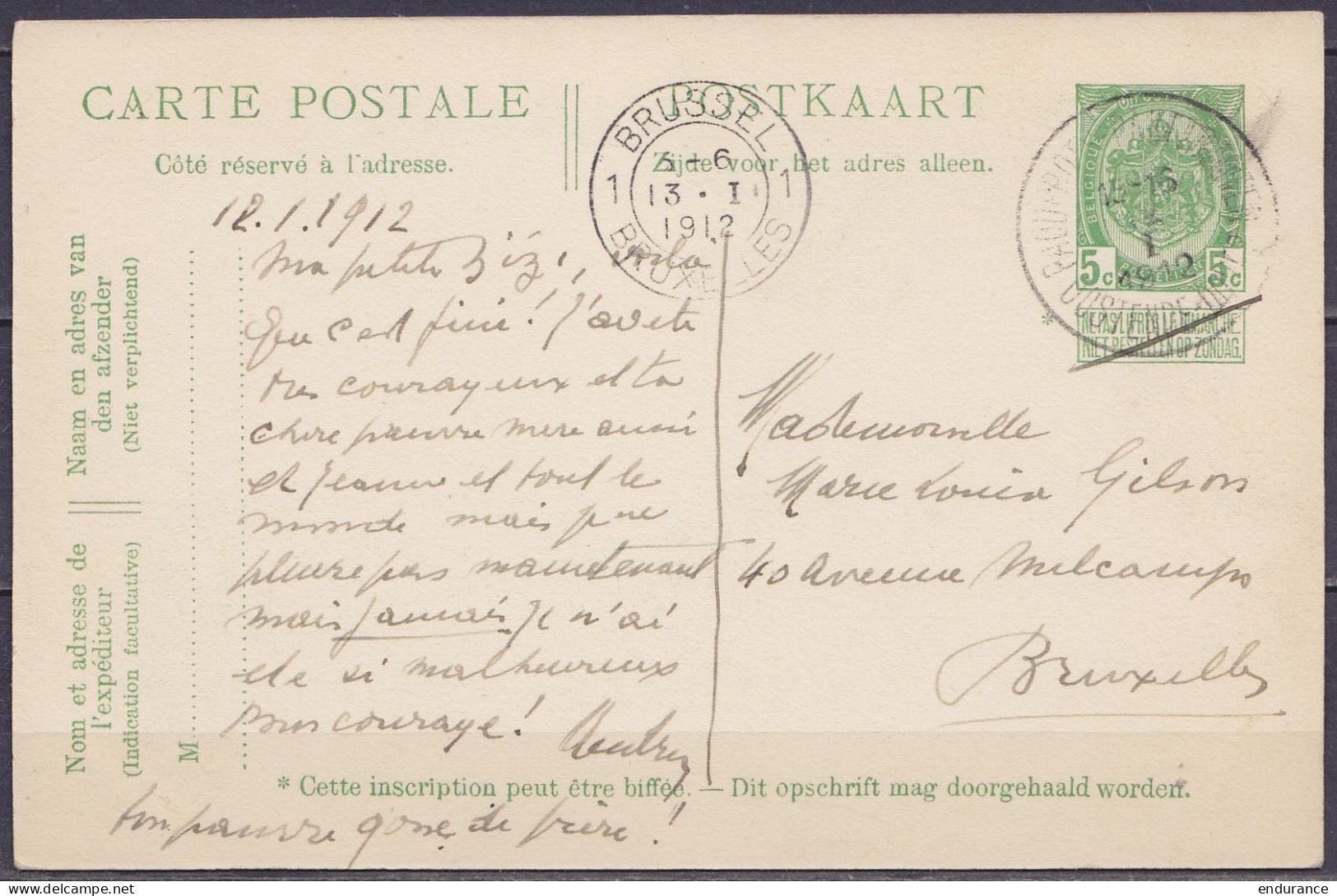 EP CP Paquebot Léopold II De L'Etat Belge 5c Vert (type N°83) Càd "PAQUEBOTS-PAKETBOOTEN /12 I 1912/ OOSTENDE-DOVER" Pou - Cartes Postales 1871-1909