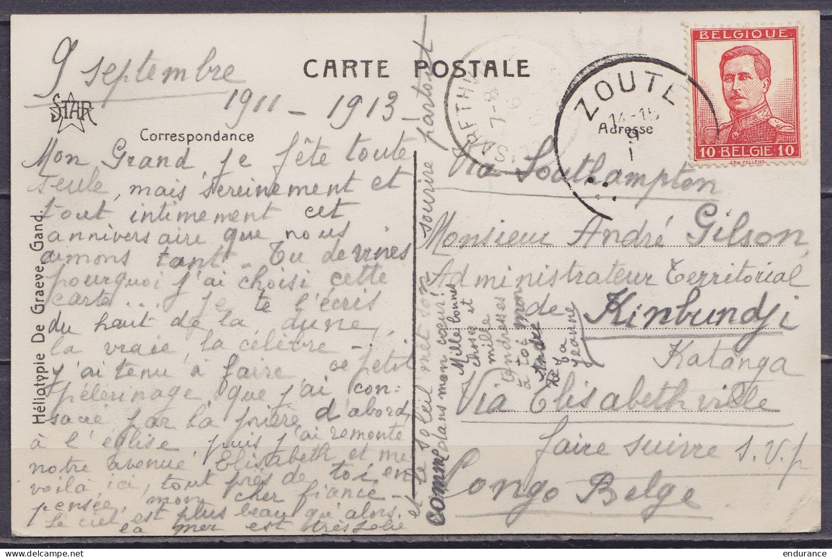 CP Knokke Affr. N°118 Càd ZOUTE / IX 1911 Pour Administrateur Territorial à KIMBUNDJI Katanga Via Elisabethville Congo B - Storia Postale