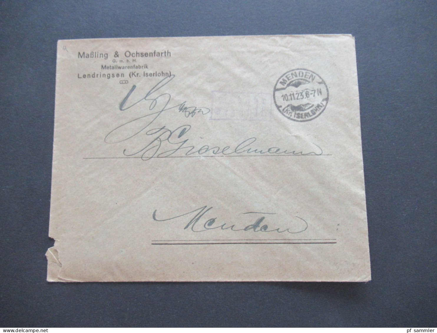 Infla Notmaßnahme Stempel Ra2 Gebühr Bezahlt Tagesstempel Menden (Kr Iserlohn) 10.11.1923 Umschlag Maßling & Ochsenfarth - Brieven En Documenten