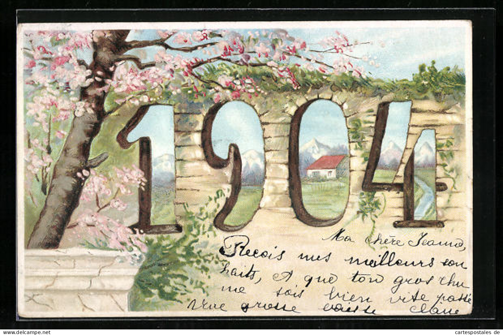 Lithographie Glückliches Neues Jahr, Jahreszahl 1904, Kirschblütenbaum  - Andere & Zonder Classificatie