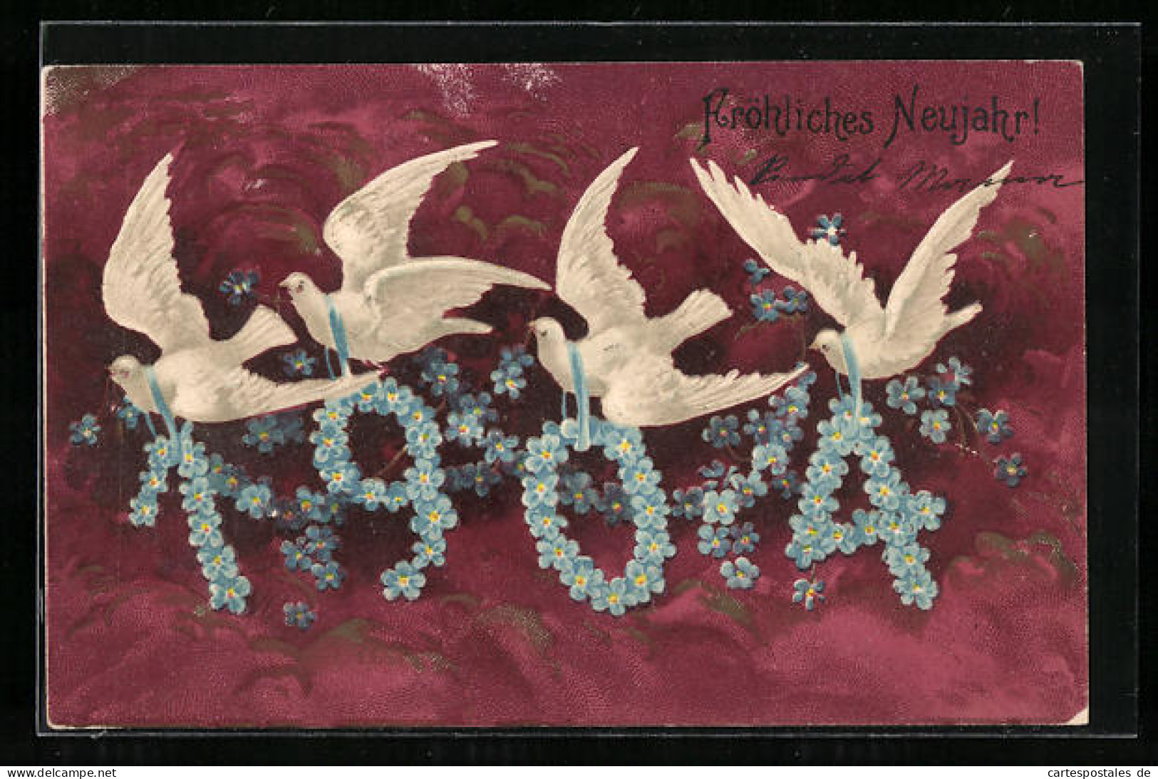 Lithographie Jahreszahl 1904, Tauben Mit Blauen Blüten  - Andere & Zonder Classificatie