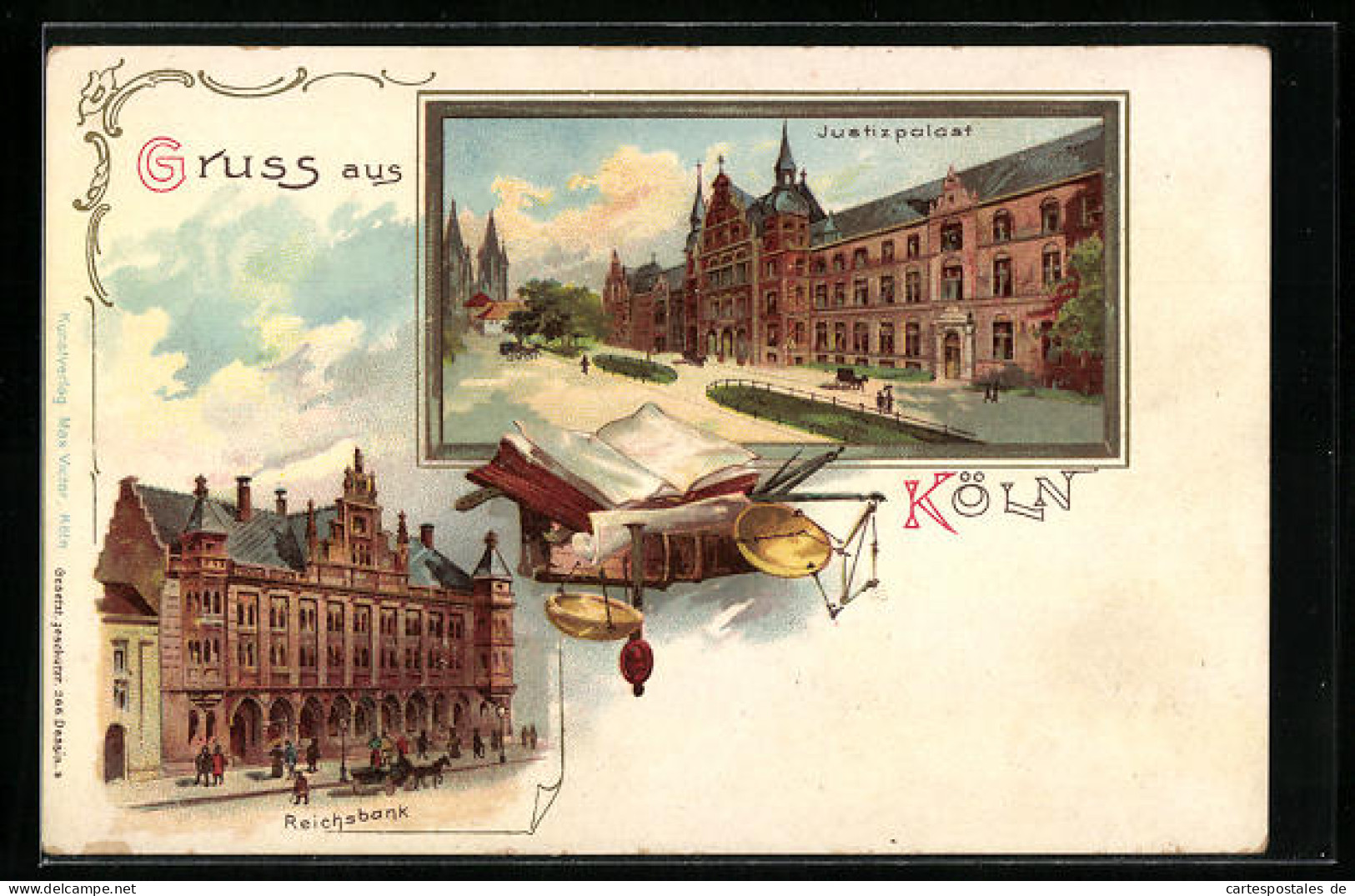 Lithographie Köln, Reichsbank, Justizpalast  - Koeln