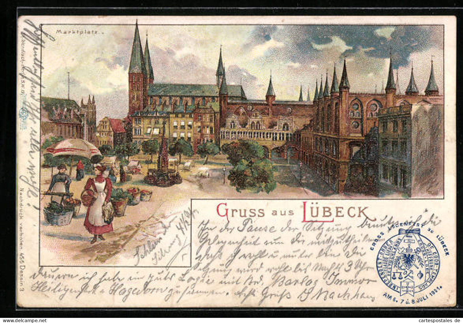 Lithographie Lübeck, Marktplatz Mit Ständen  - Lübeck