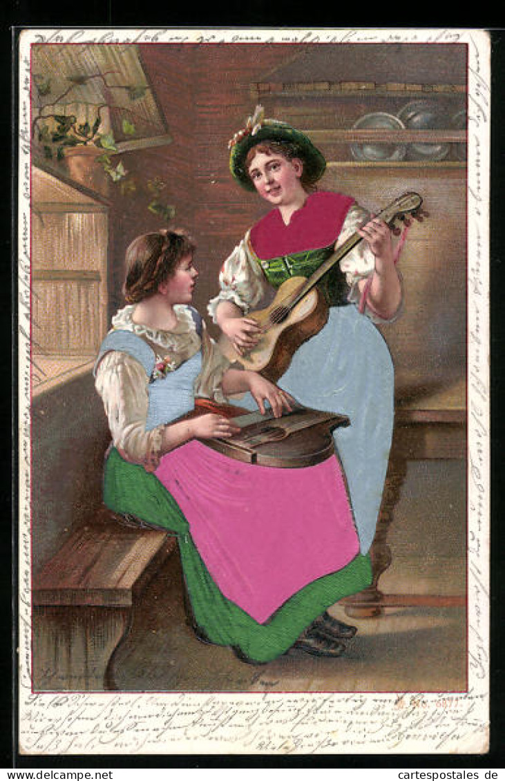 Präge-AK Zwei Frauen In Trachten Spielen Musik Mit Gitarre Und Zither  - Music And Musicians