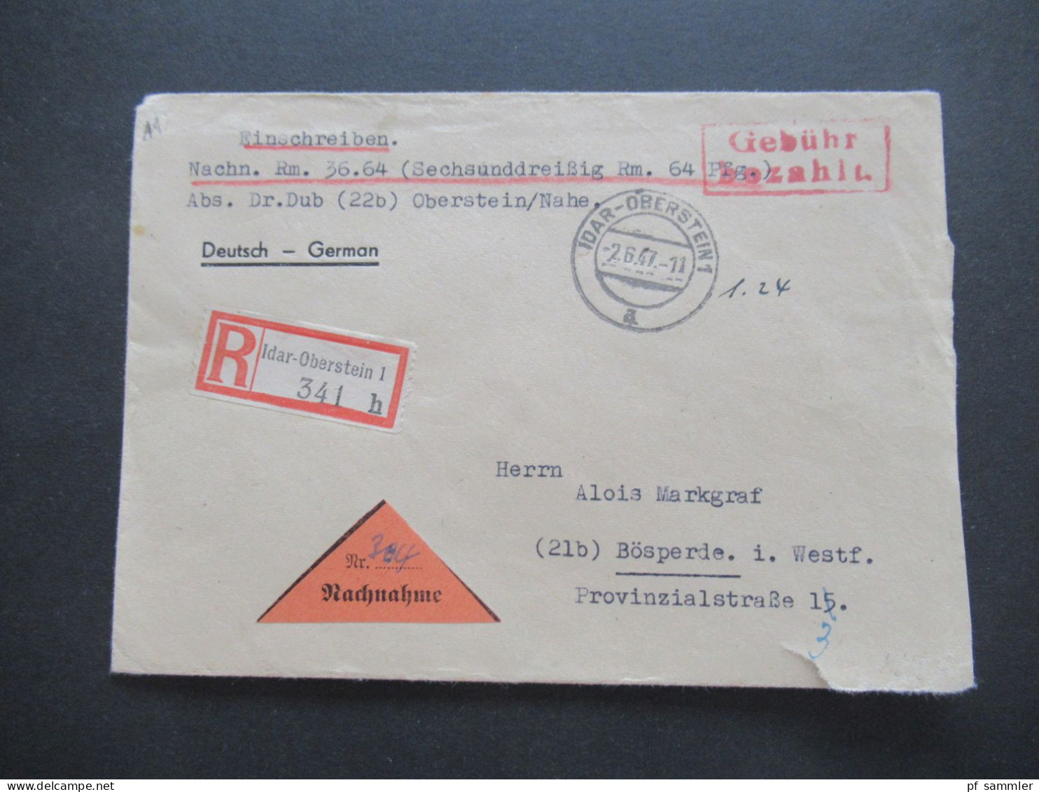 Franz. Zone 1947 Notmaßnahme Roter Ra2 Gebühr Bezahlt Porto Handschriftlich Einschreiben Idar Oberstein 1 Nachnahme - Amtliche Ausgaben