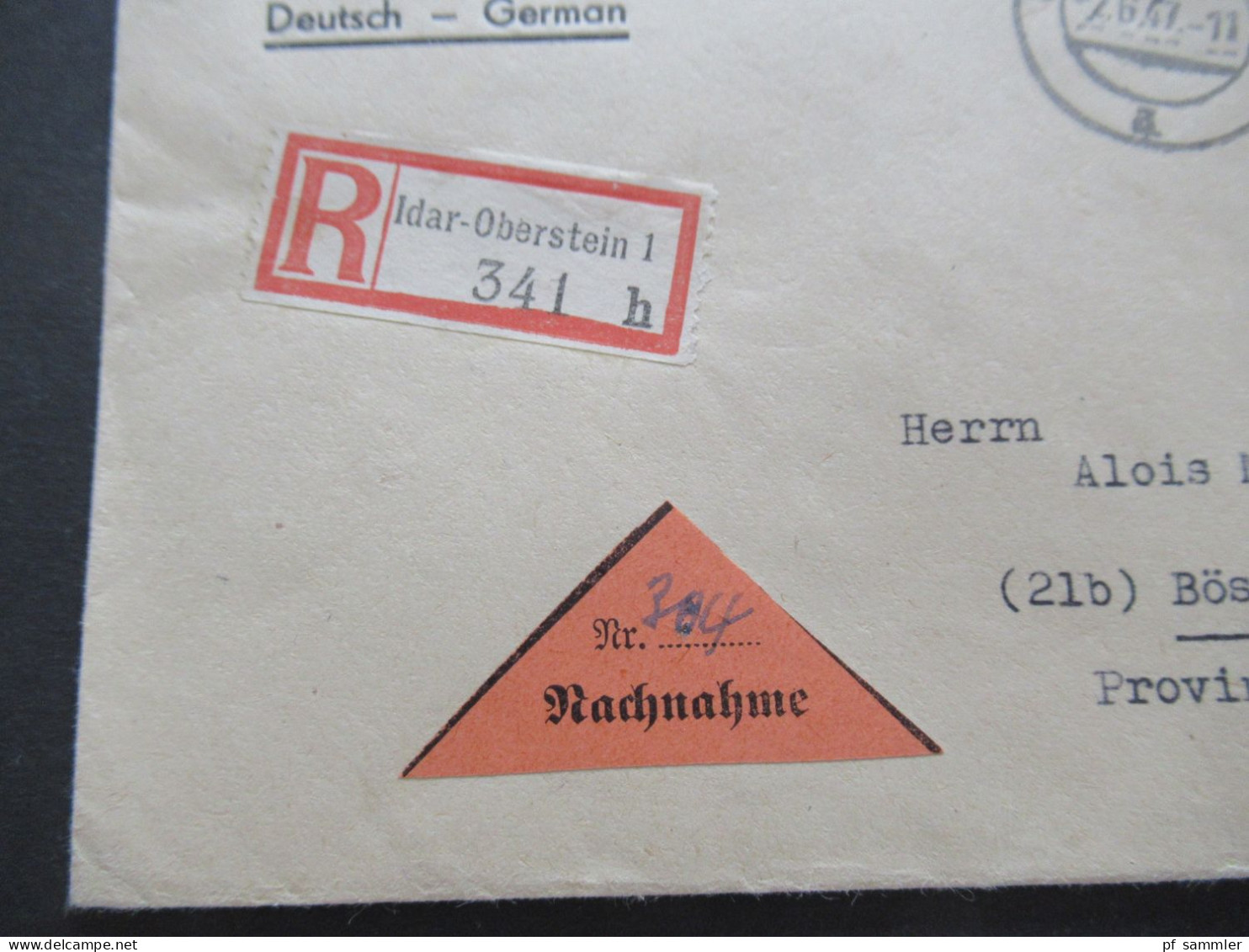 Franz. Zone 1947 Notmaßnahme Roter Ra2 Gebühr Bezahlt Porto Handschriftlich Einschreiben Idar Oberstein 1 Nachnahme - Emissioni Generali