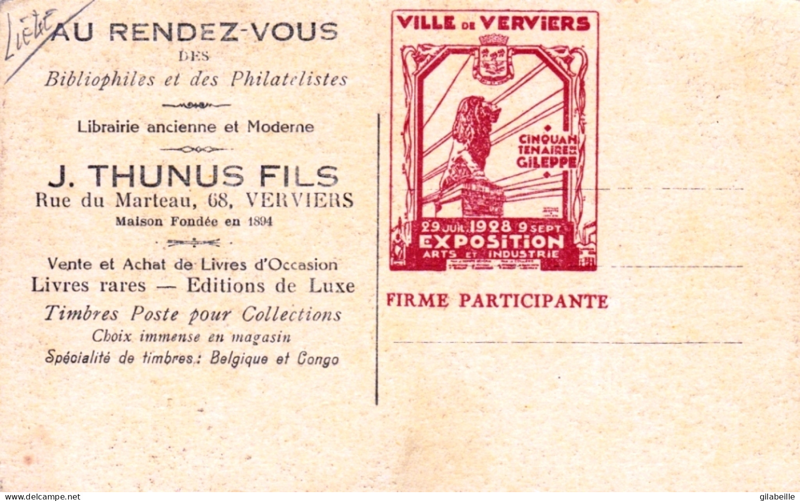 Liege - VERVIERS - PHILATELIE - "J. THUNUS Fils - Vente Achat Timbres Poste Pour Collections" - Rue Du Marteau - Verviers