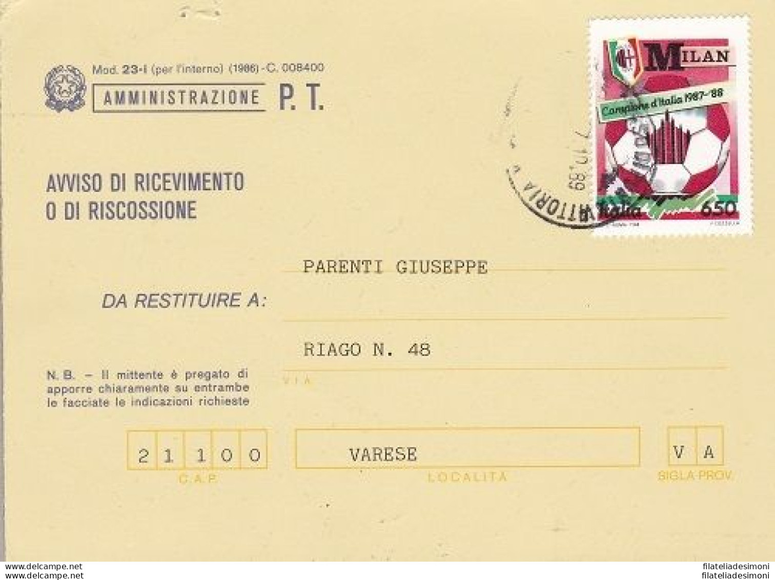 1989 Italia - Repubblica , Milan Campione Di Italia Su AVVISO DI RICEVIMENTO - FDC