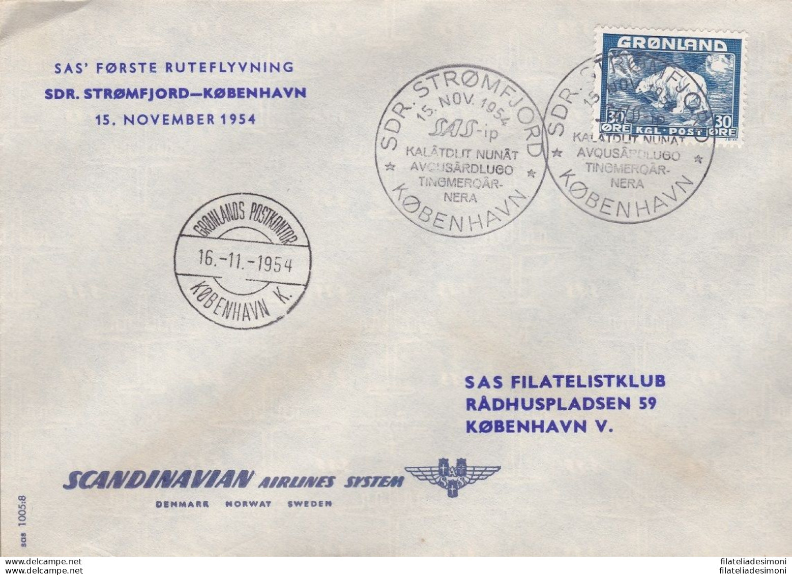 1954 GROENLANDIA, Sas Volo Inaugurale STROMFJORD-COPENAGHEN - Europa