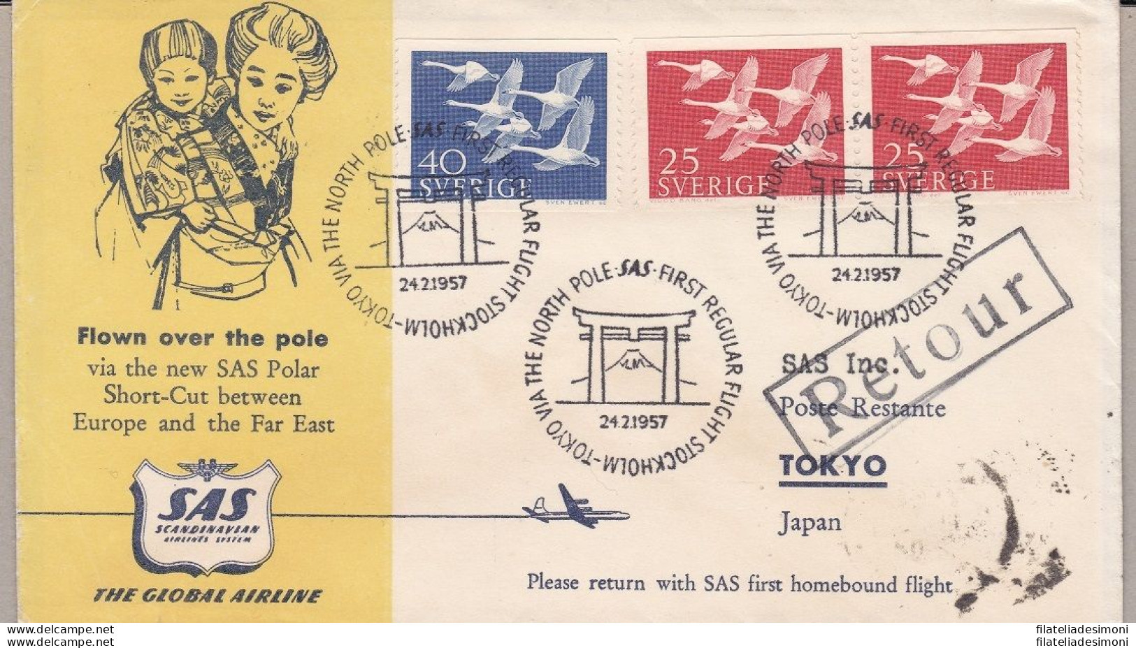 1957 SVEZIA - SAS FIRST FLIGHT STOCKOLM-TOKYO VIA NORTH POLE E RITORNO - Europe
