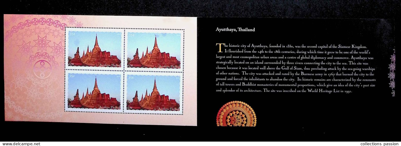CL, Blocs-feuillets, Block, UN, United Nations, NY, New York, 2015, Ayutthaya, Thailand, World Heritage, Frais Fr 1.95 E - Unused Stamps