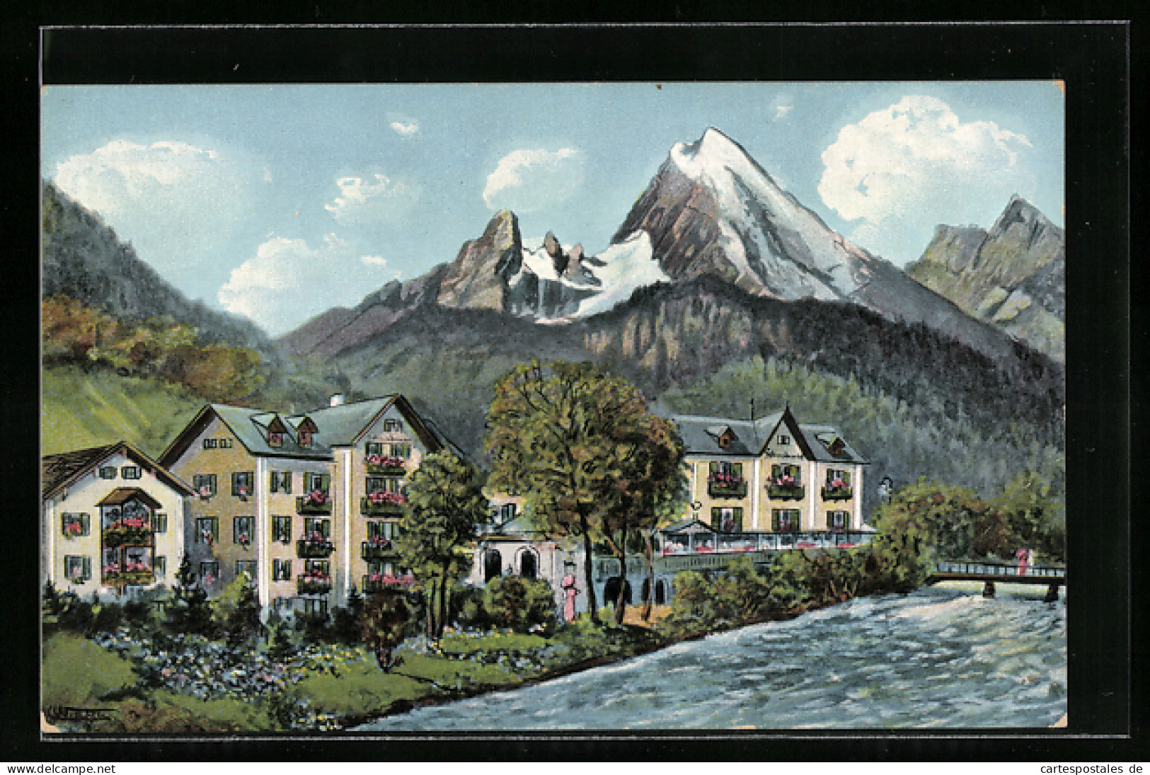 Künstler-AK Berchtesgaden, Hotel Schwabenwirt Vor Herrlichem Panorama  - Berchtesgaden