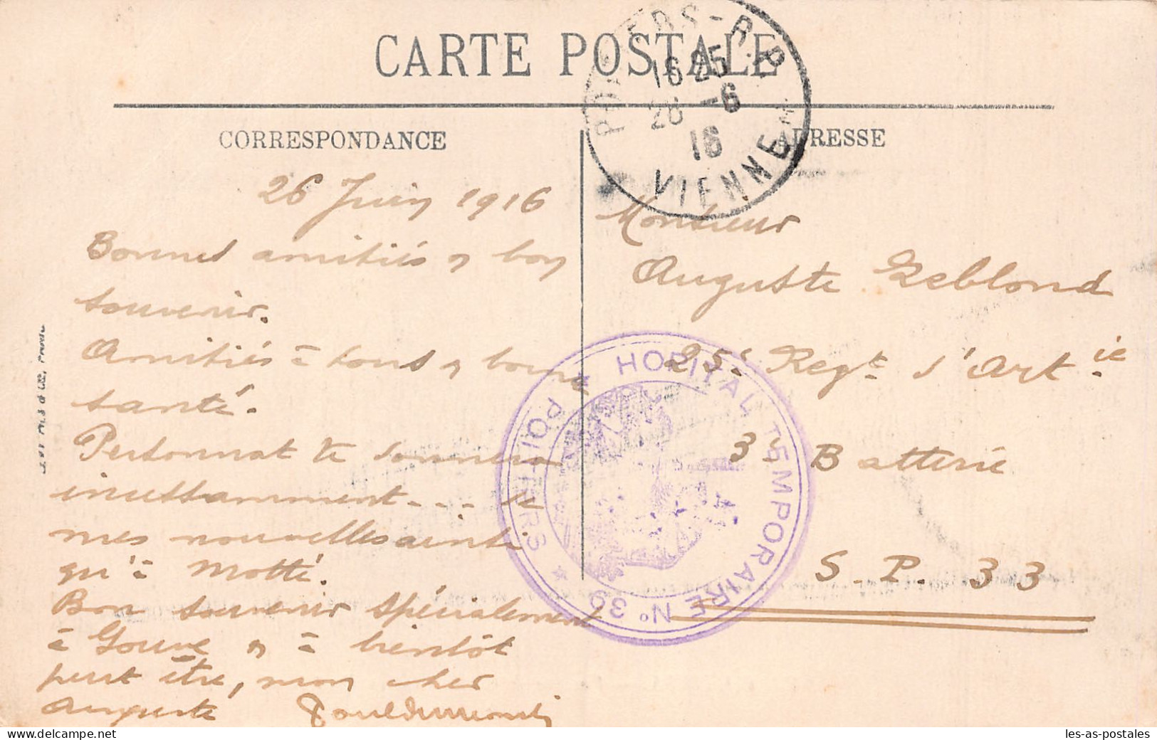 86 POITIERS CACHET HOPITAL 39 1916 - Poitiers